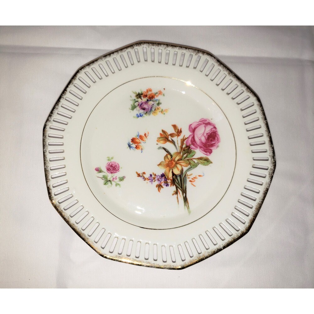 Antique Carl Schumann Bavaria Reticulated Plate Gold Transferware Flowers 1900s